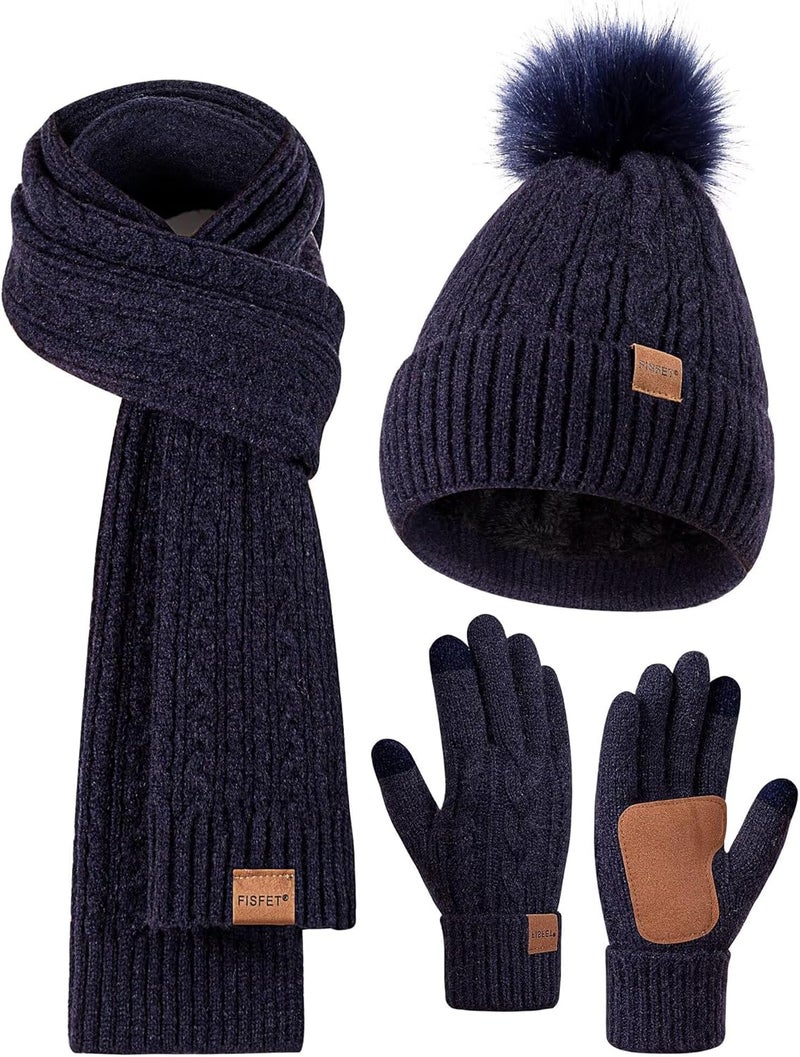 FISFET Winter Beanie Hat Scarf Gloves Set for Women, Pom Pom Beanie Fleece Lined Knit Neck Warmer Touchscreen Gloves 3 in 1 Gift Set - Image 1